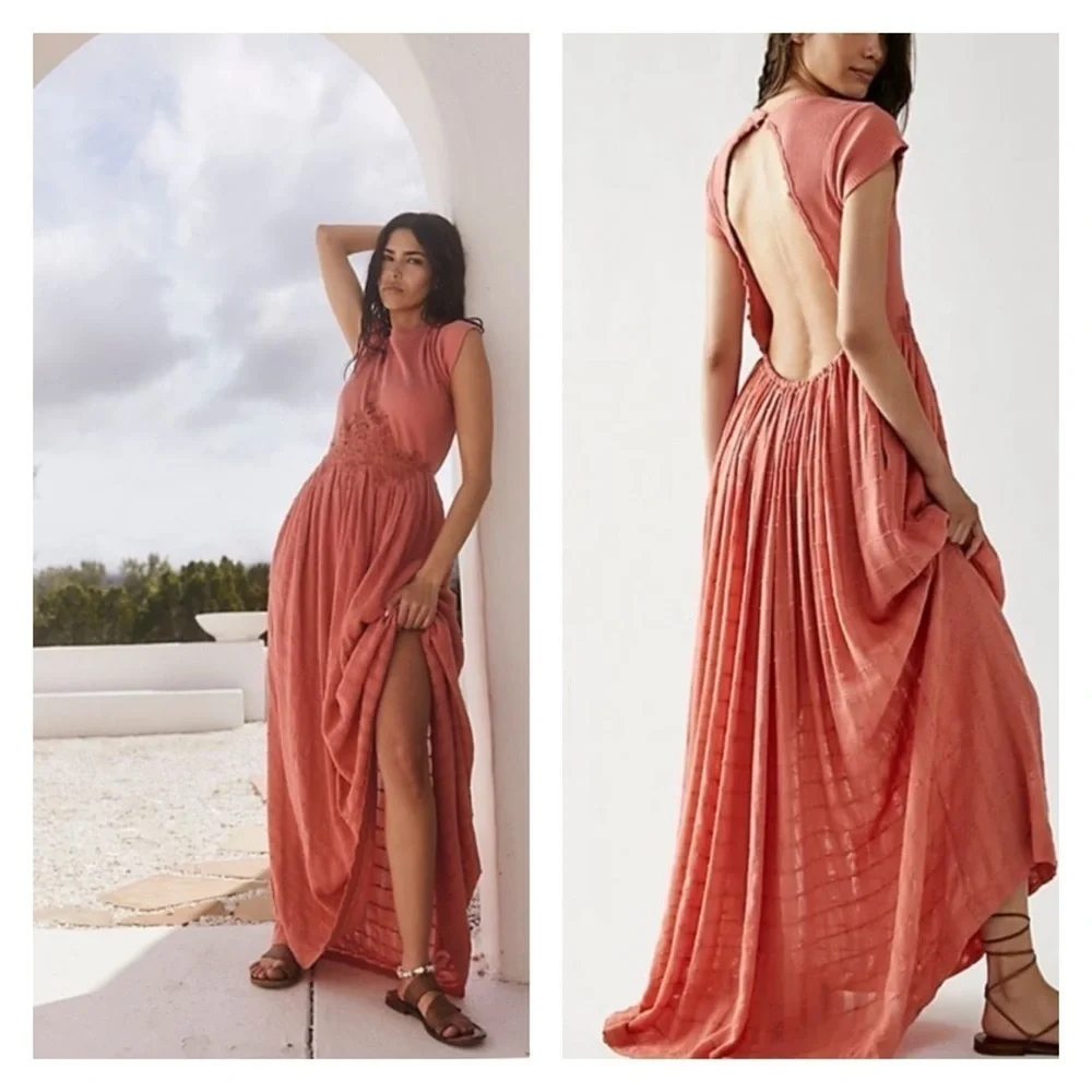 NWT Free People x Revolve Coral Open Back Short Sleeve High Slit Maxi Dress M - Picture 6 of 10
